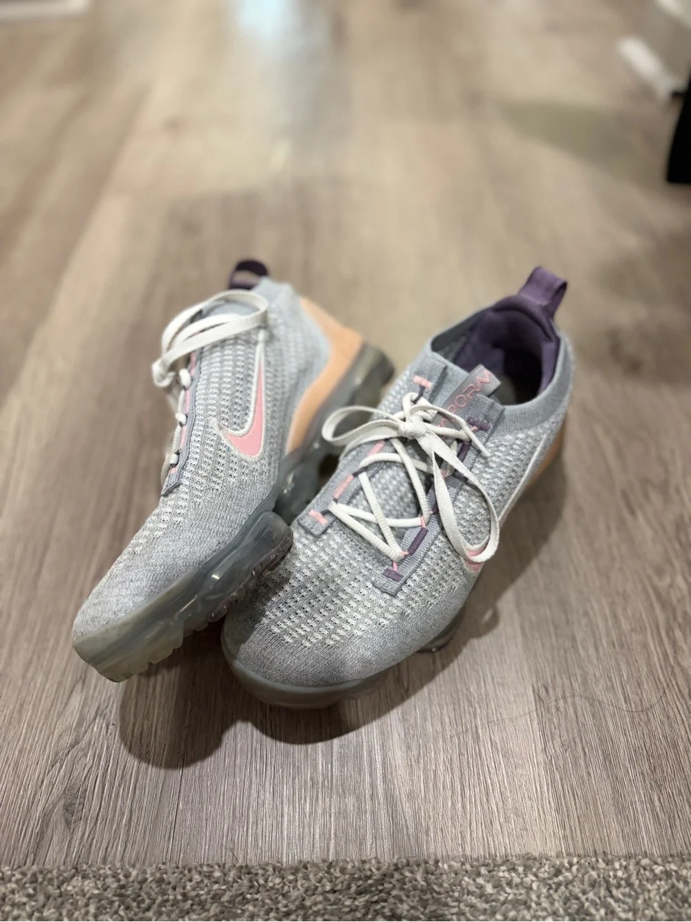 Nike VaporMax Flyknit Sneakers — Light Gray, Pink & Purple Accents